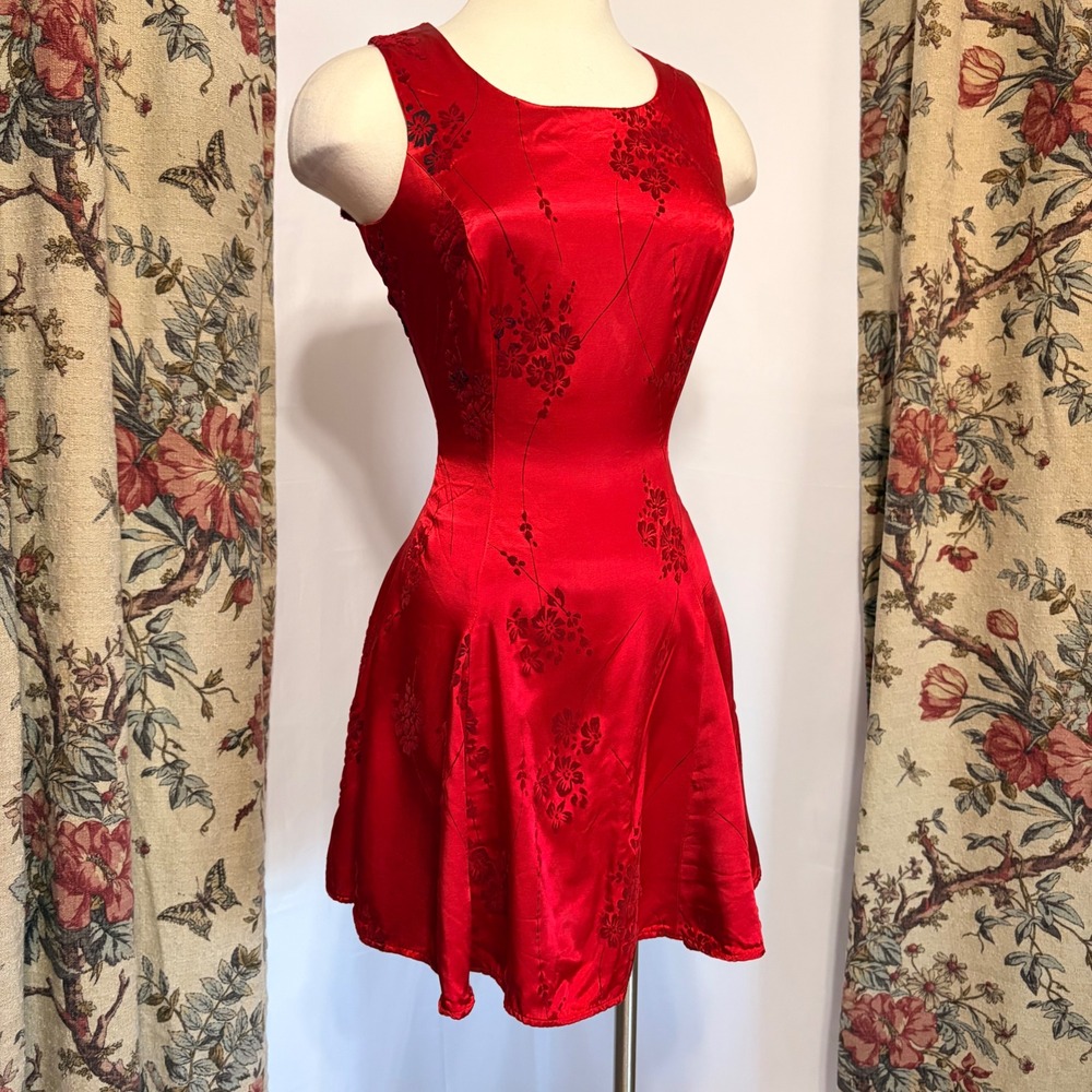 Maurices Elegant rayon Red Floral Satin Mini Dress with lace up back detailing